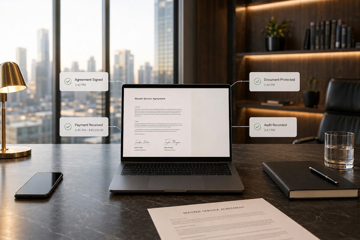 Modern executive workspace with laptop displaying a completed Master Service Agreement surrounded by connected outcome cards showing Agreement Signed, Payment Received, Document Protected and Audit Recorded