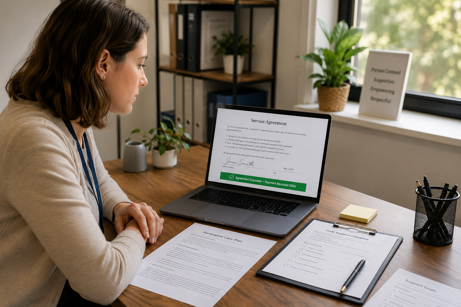NDIS support worker reviewing a completed Service Agreement on laptop with participant care documents and daily support checklist on desk