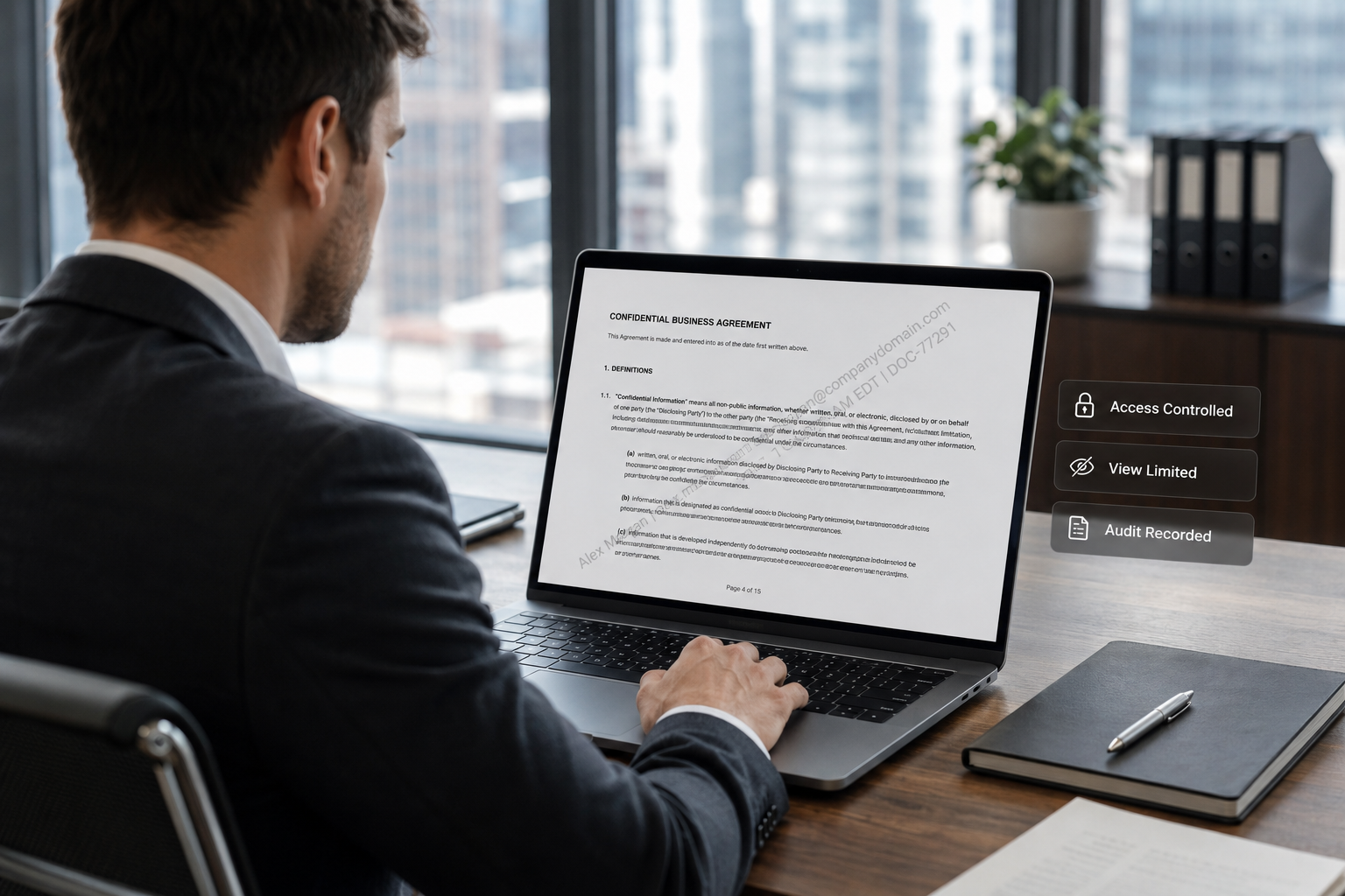 Confidential business agreement with recipient-specific watermarking and panels showing access controlled, view limited and audit recorded