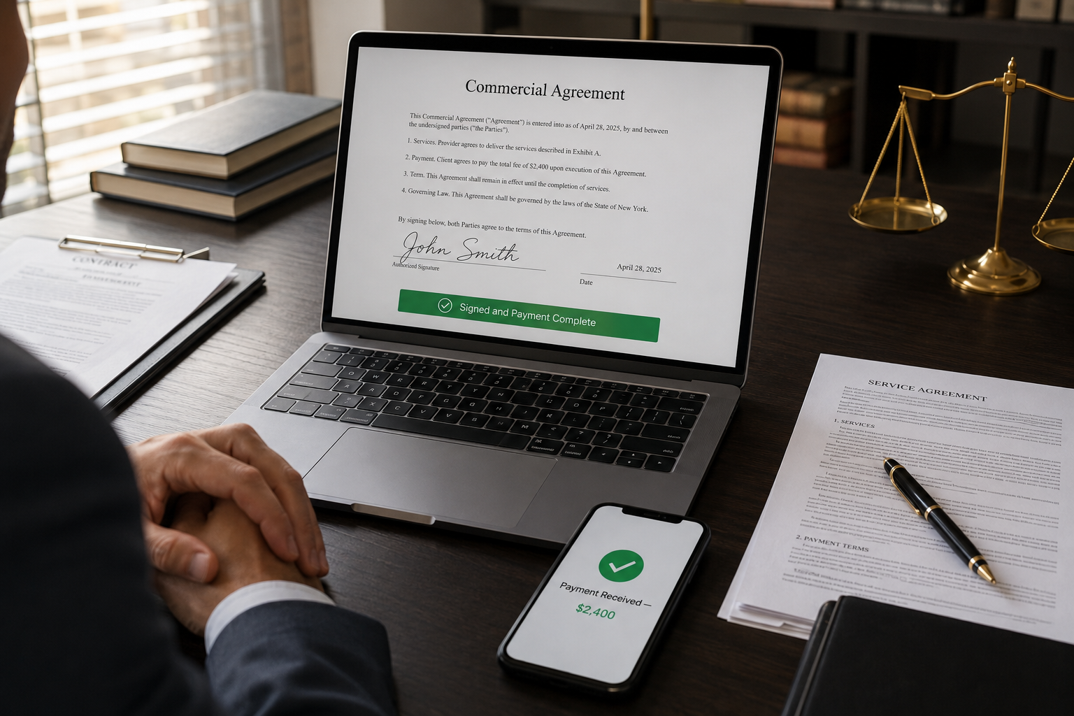 Legal professional reviewing a completed Commercial Agreement on laptop showing signed document and payment confirmation with service agreement documents on desk