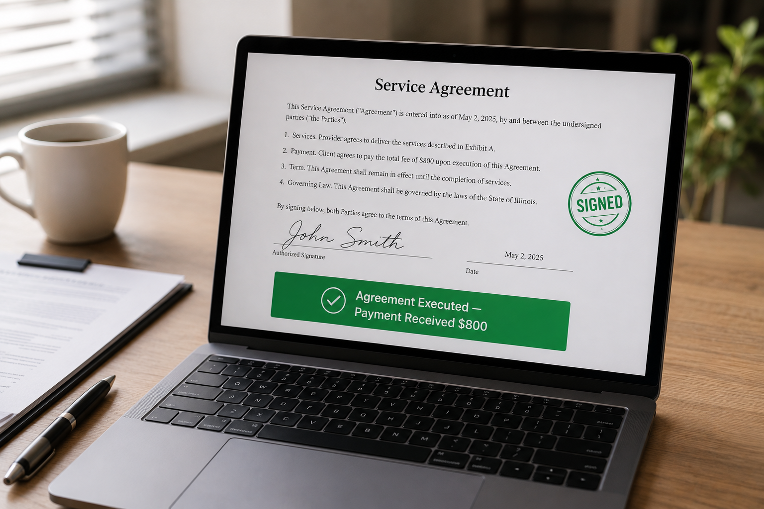 Notification showing a signed agreement and payment received together