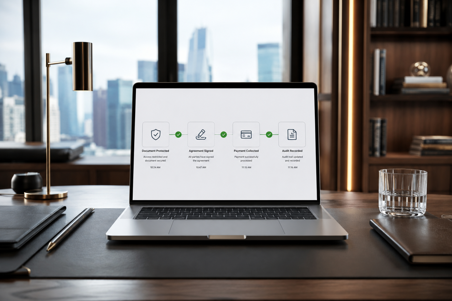 Laptop showing a governed workflow with document protected, agreement signed, payment collected and audit recorded steps