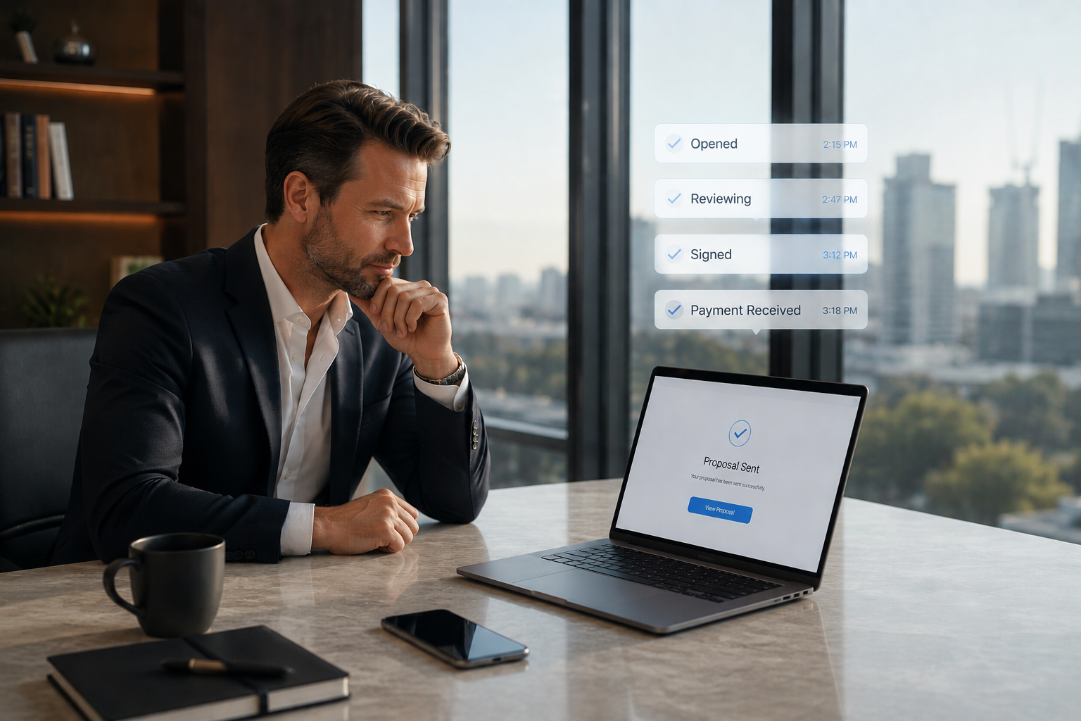 Business professional sitting at desk with laptop showing Proposal Sent confirmation, with document activity notifications showing Opened, Reviewing, Signed and Payment Received