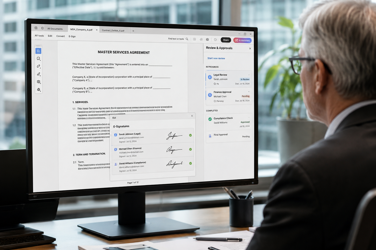 Reviewer working on a PDF master services agreement with approval and e-signature panels alongside the document