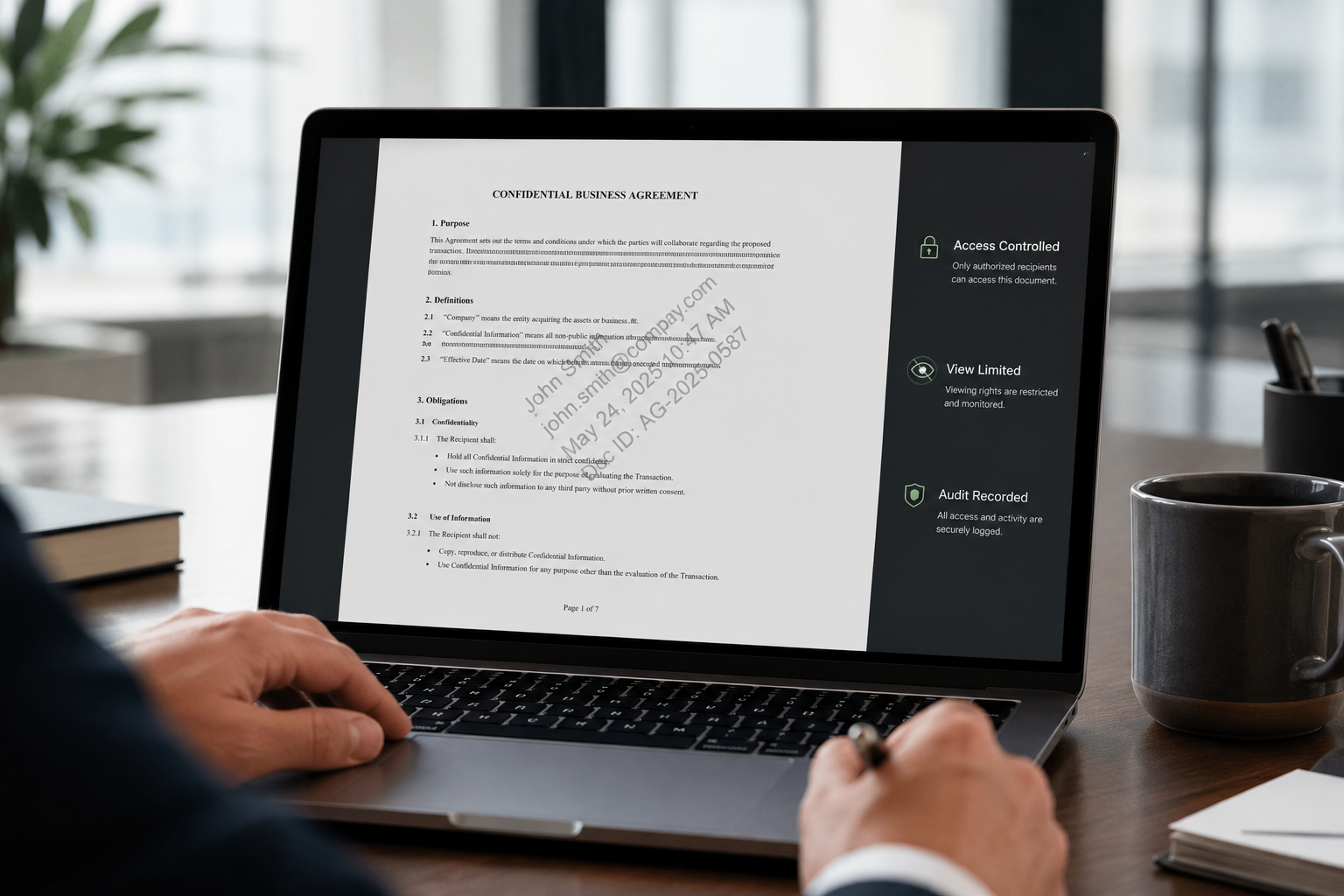 Confidential business agreement on a laptop with a recipient-specific dynamic watermark and panels showing access controlled, view limited and audit recorded