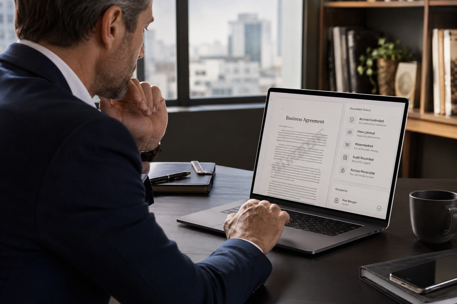 A reviewer reading a Business Agreement with a Document Status panel showing Access Controlled, View Limited, Watermarked, Audit Recorded, and Access Revocable